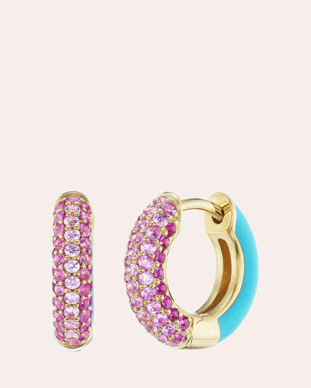 18K Yellow Gold Baby Duo Hoop Earrings with Sapphires, Rubies and Turquoise Enamel